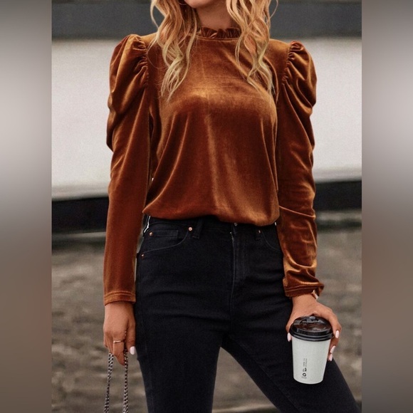 SHEIN Tops - Shein Clasi Frill Trim Puff Sleeve Velvet Blouse Rust Brown Burnt Orange